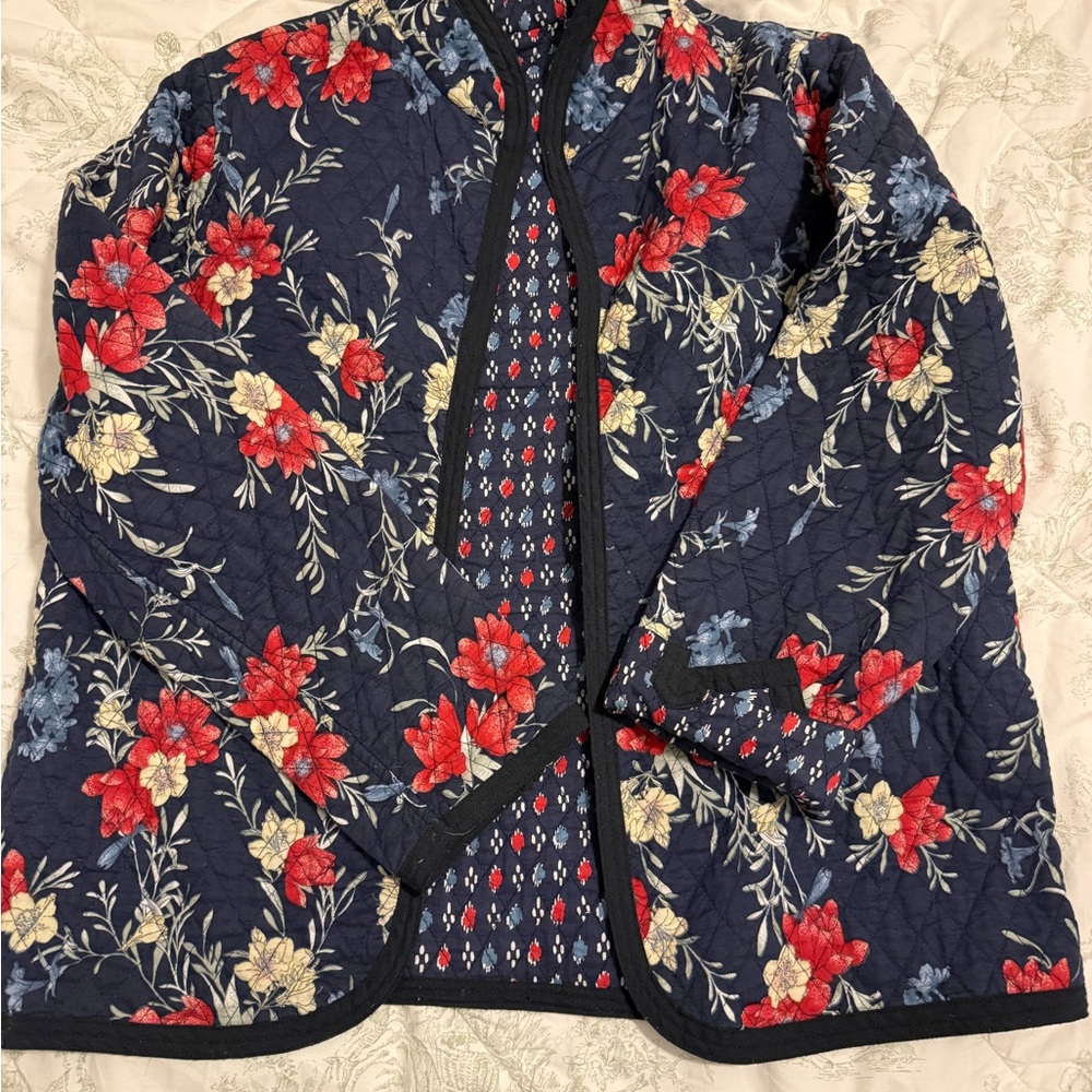 Floral Quilted Navy Jacket with Red & Cream Blooms
